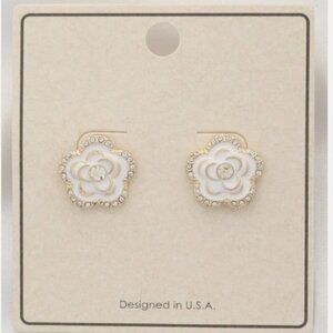 Rose Flower Stud Earrings for Women, Gold Plated Cubic Zirconia - White